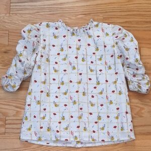 Velveteen, Floral Blouse with Ruffled Neck & Ruched Sleeves, Size 12 (EUC)